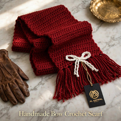 Handmade Crochet Dark Red Scarf – White & Cream Butterfly Border