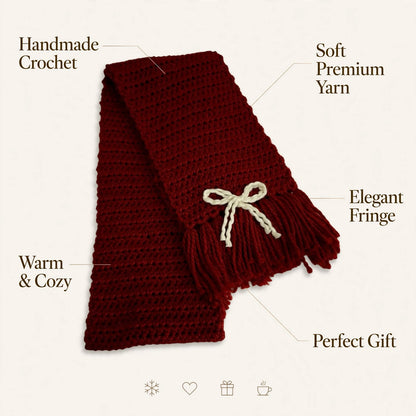 Handmade Crochet Dark Red Scarf – White & Cream Butterfly Border