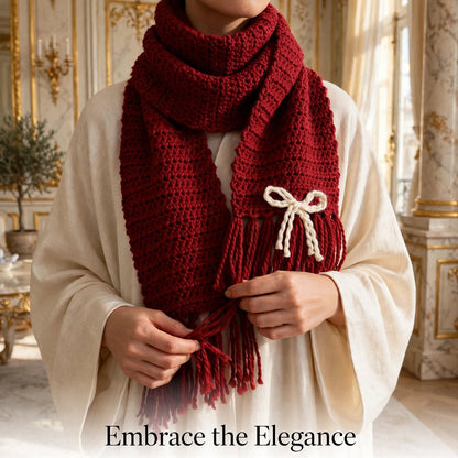 Handmade Crochet Dark Red Scarf – White & Cream Butterfly Border