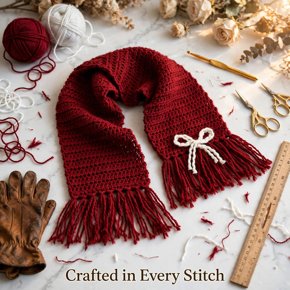 Handmade Crochet Dark Red Scarf – White & Cream Butterfly Border