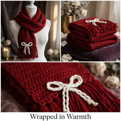 Handmade Crochet Dark Red Scarf – White & Cream Butterfly Border