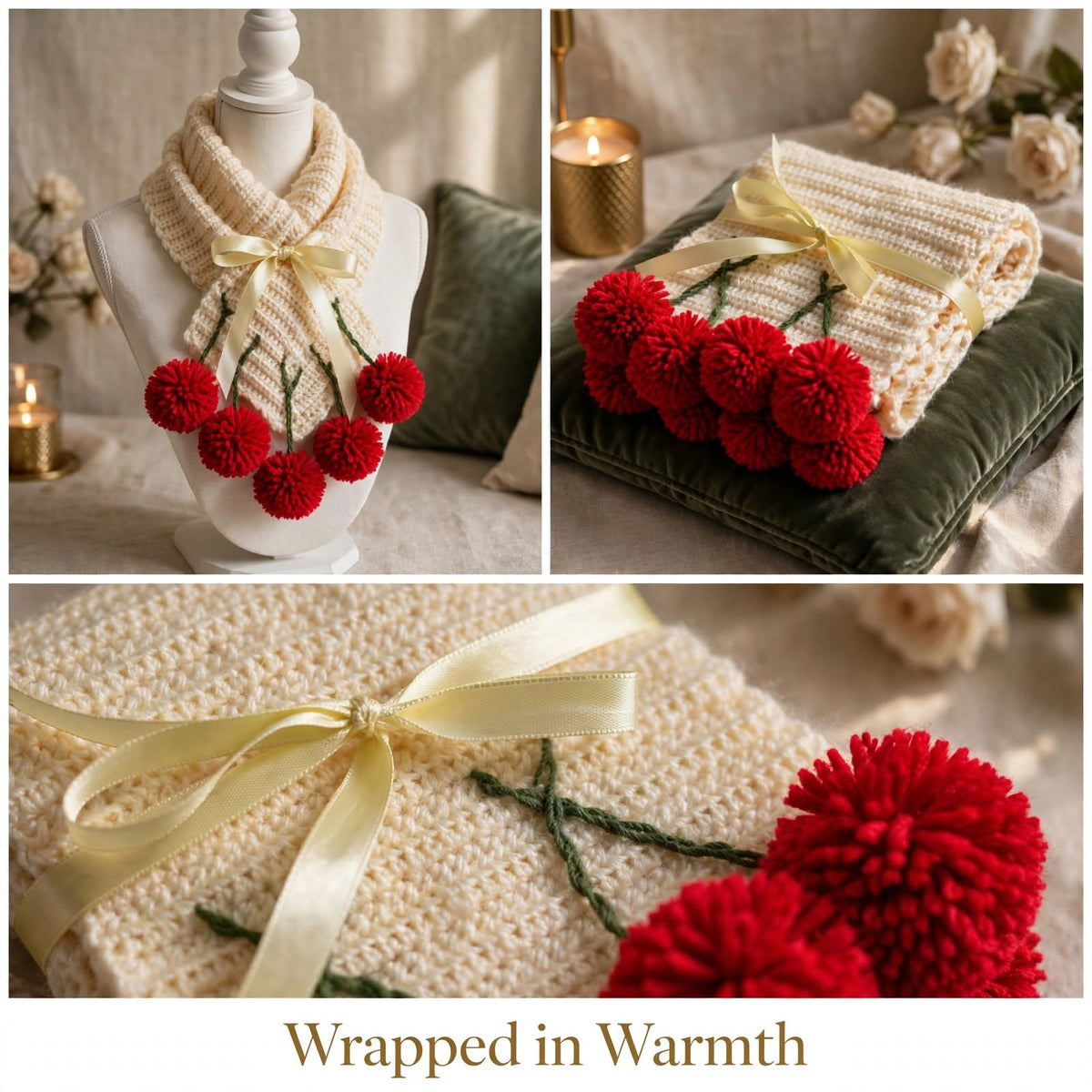 Handmade Crochet Cream Cherry Scarf – Trendy Wool-Look Winter Wrap