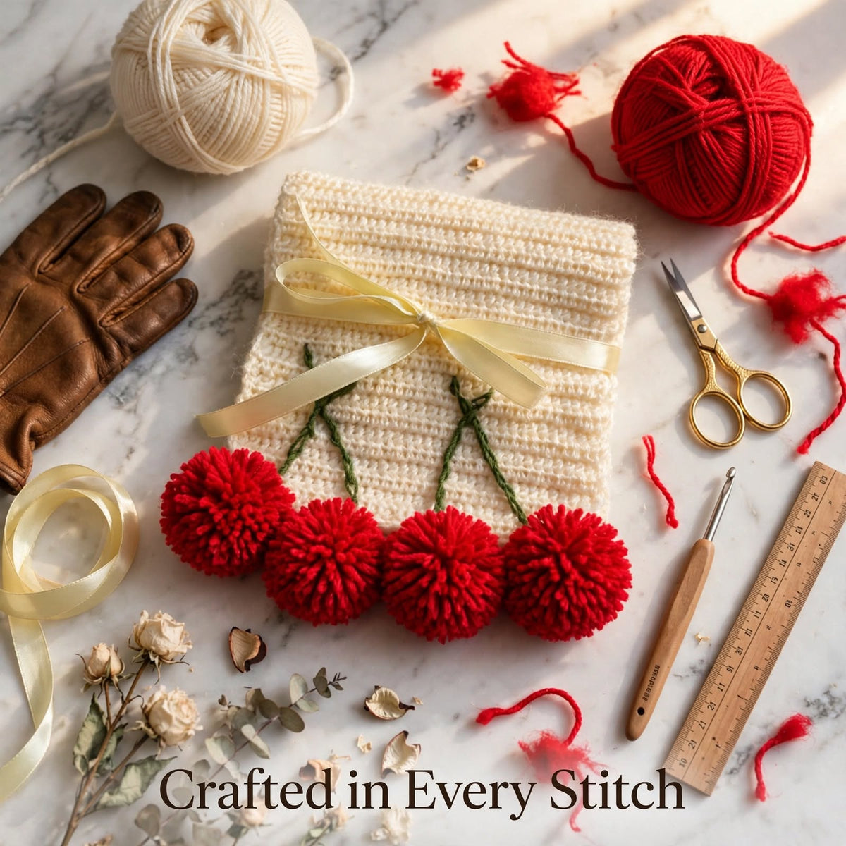 Handmade Crochet Cream Cherry Scarf – Trendy Wool-Look Winter Wrap
