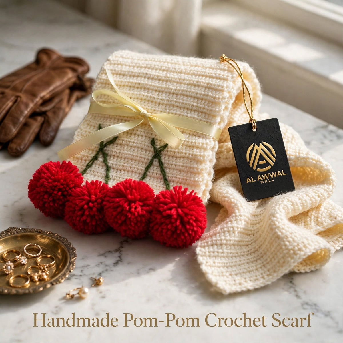 Handmade Crochet Cream Cherry Scarf – Trendy Wool-Look Winter Wrap