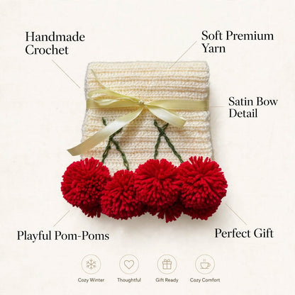 Handmade Crochet Cream Cherry Scarf – Trendy Wool-Look Winter Wrap