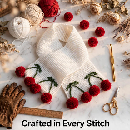 Handmade Crochet White Wool-Look Scarf – Green & White Cherry Border