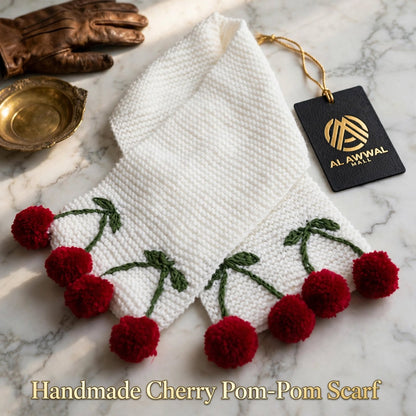 Handmade Crochet White Wool-Look Scarf – Green & White Cherry Border