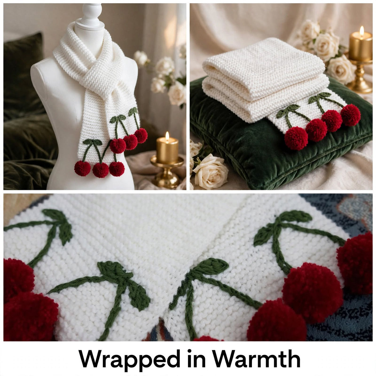 Handmade Crochet White Wool-Look Scarf – Green & White Cherry Border