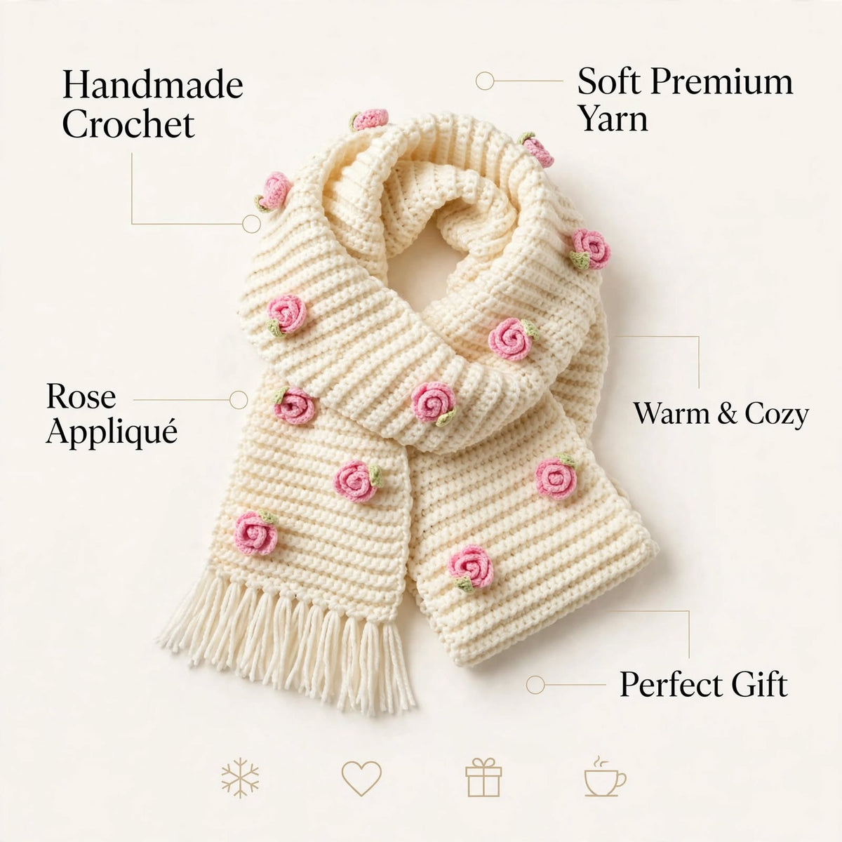 Handmade Crochet Cream Floral Scarf – Beige Flower Detail