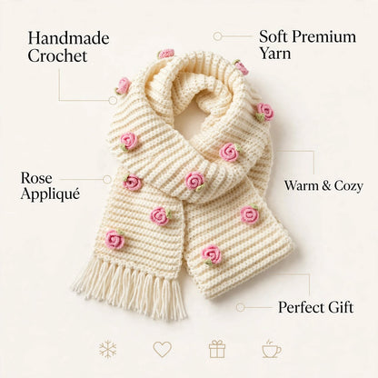 Handmade Crochet Cream Floral Scarf – Beige Flower Detail
