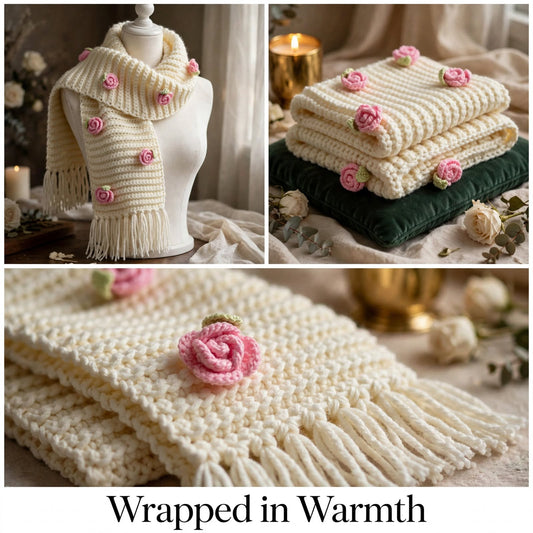Handmade Crochet Cream Floral Scarf – Beige Flower Detail