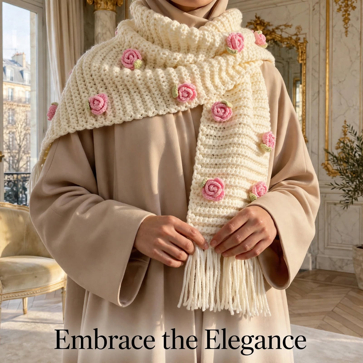 Handmade Crochet Cream Floral Scarf – Beige Flower Detail