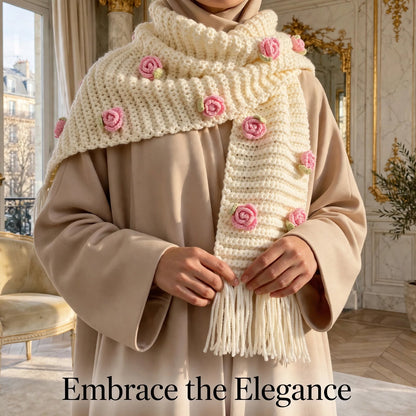 Handmade Crochet Cream Floral Scarf – Beige Flower Detail