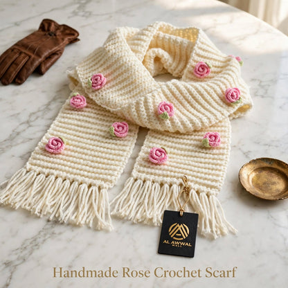 Handmade Crochet Cream Floral Scarf – Beige Flower Detail