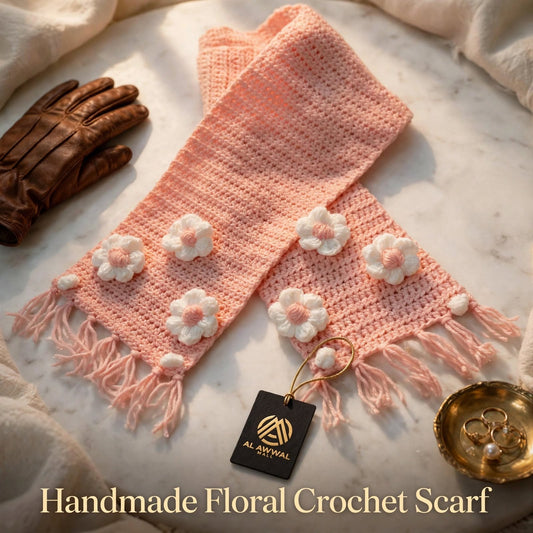 Handmade Crochet Peach Scarf with White Flowers – Unique Floral Winter Wrap