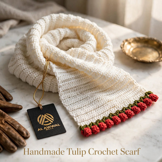 Handmade Crochet Cream Floral Scarf – Red Flower Border Winter Wrap