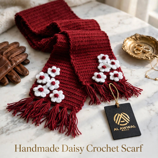 Handmade Crochet Maroon Floral Scarf – Cozy Winter Gift for Women & Girls