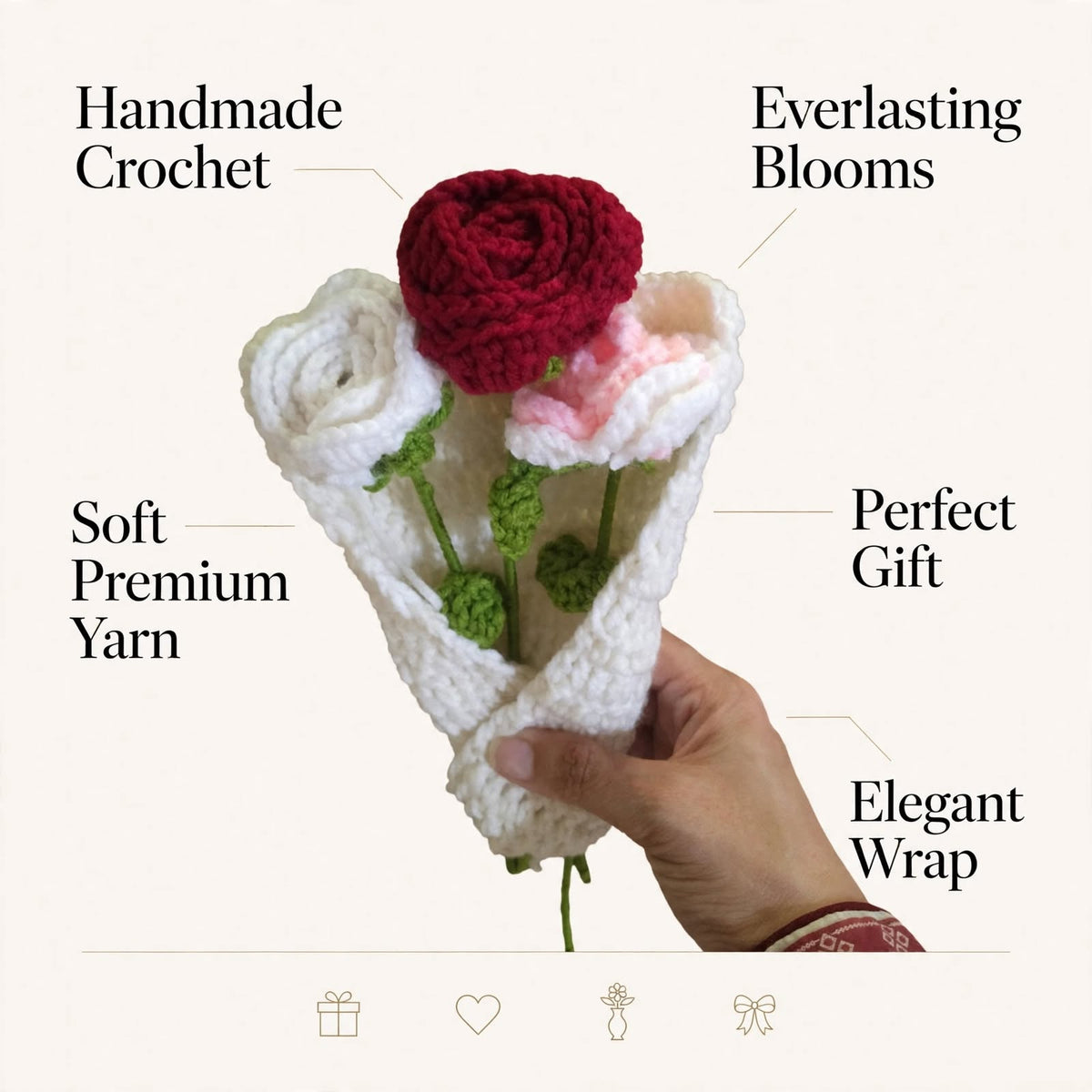 Handmade Crochet Flower Bouquet – White, Red & Pink Roses
