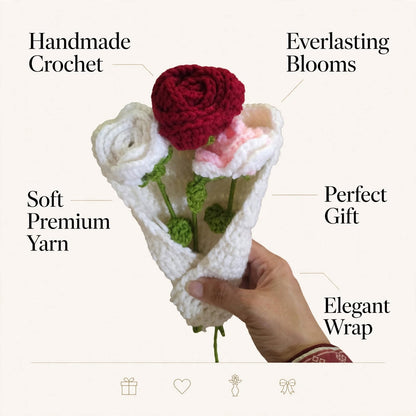 Handmade Crochet Flower Bouquet – White, Red & Pink Roses