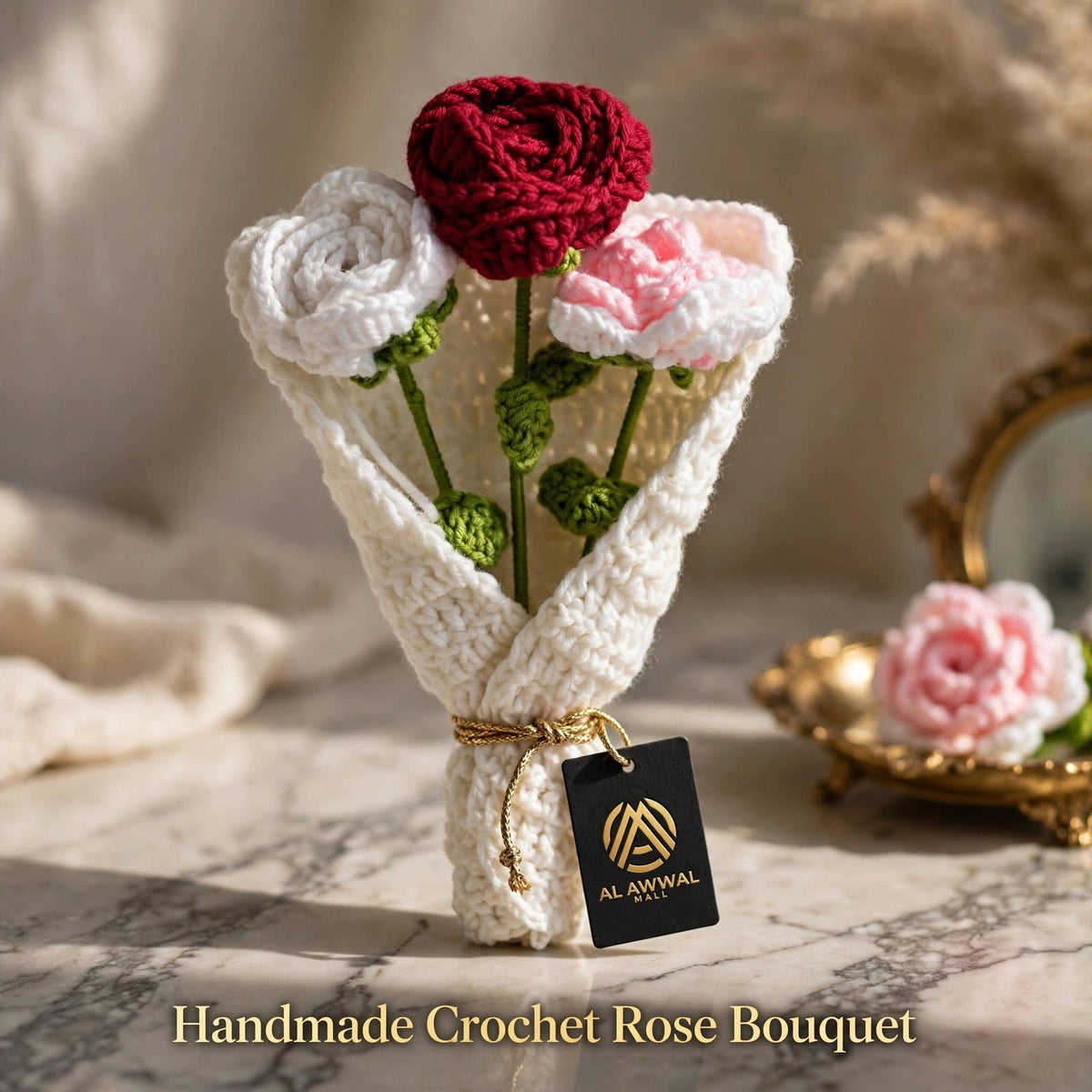 Handmade Crochet Flower Bouquet – White, Red & Pink Roses