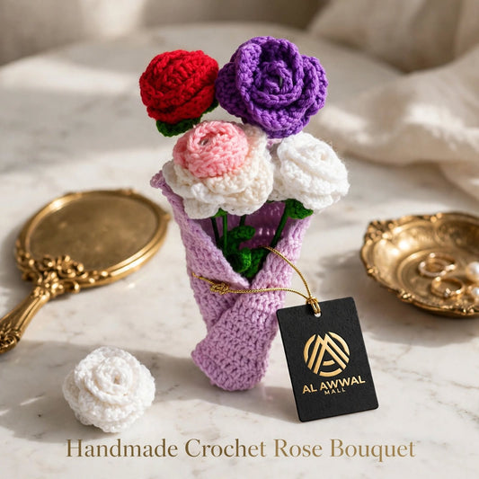 Handmade Crochet Flower Bouquet – 4 Colorful Flowers with Green Leaves