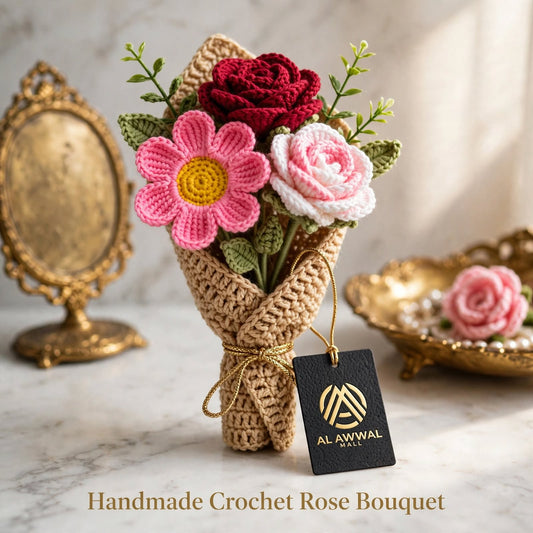 Handmade Crochet Flower Bouquet – Beige Wrap with Pink, White & Maroon Flowers