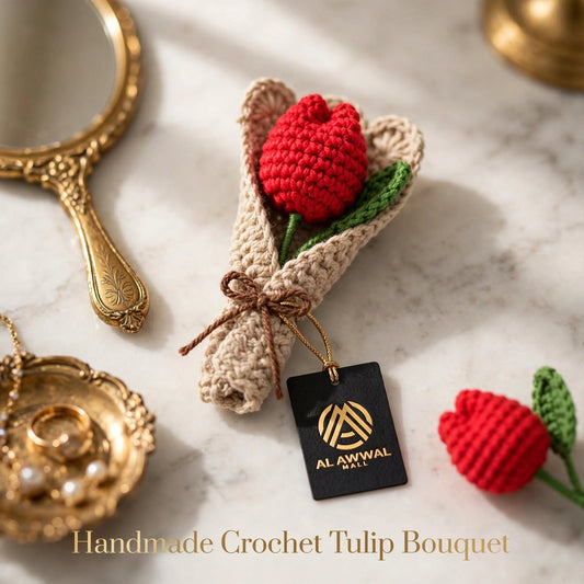 Handmade Crochet Tulip Bud Bouquet – Red Flowers with Green Leaves