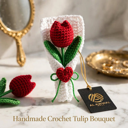 Handmade Crochet Tulip Bud Bouquet – Maroon Flowers with Green Leaves & Heart Detail