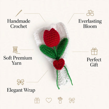 Handmade Crochet Tulip Bud Bouquet – Maroon Flowers with Green Leaves & Heart Detail