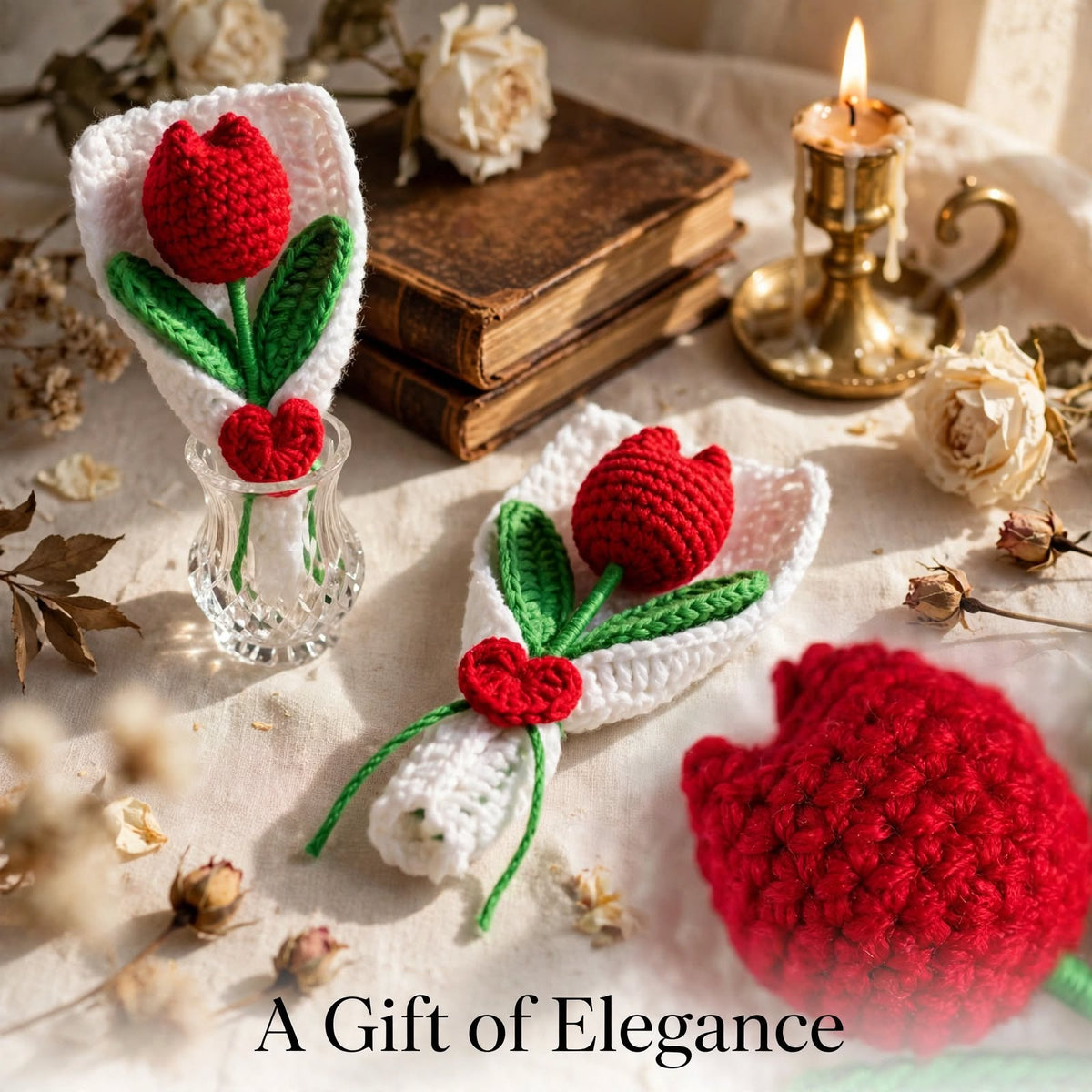 Handmade Crochet Tulip Bud Bouquet – Maroon Flowers with Green Leaves & Heart Detail