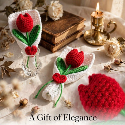 Handmade Crochet Tulip Bud Bouquet – Maroon Flowers with Green Leaves & Heart Detail