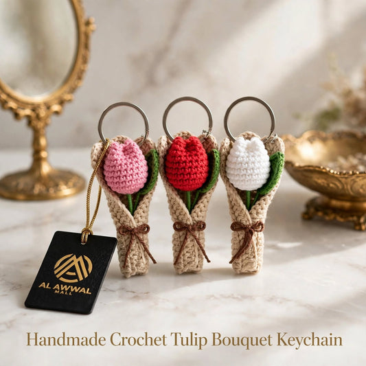 Handmade Crochet Tulip Bud Flower with Key Ring – Purple, Yellow & Pink
