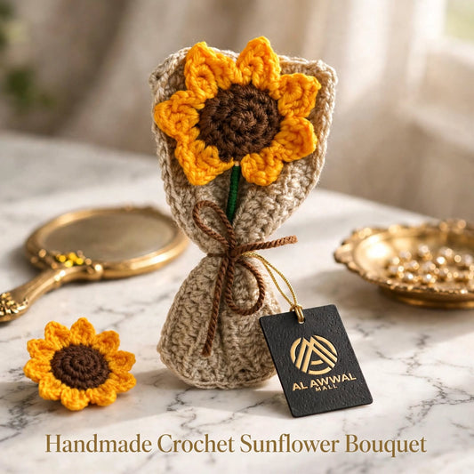 Handmade Crochet Sunflower Bouquet – Yellow Flower with Brown Center & Beige Wrap