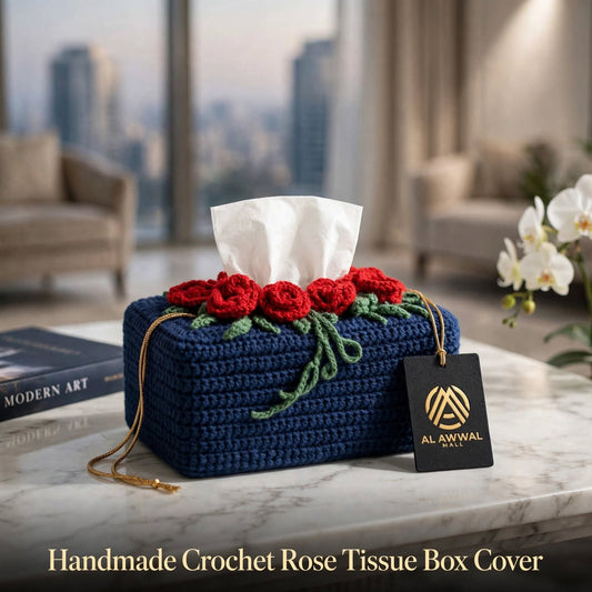 Handmade Crochet Tissue Box Cover – Navy Blue with Maroon Roses & Green Leaves
