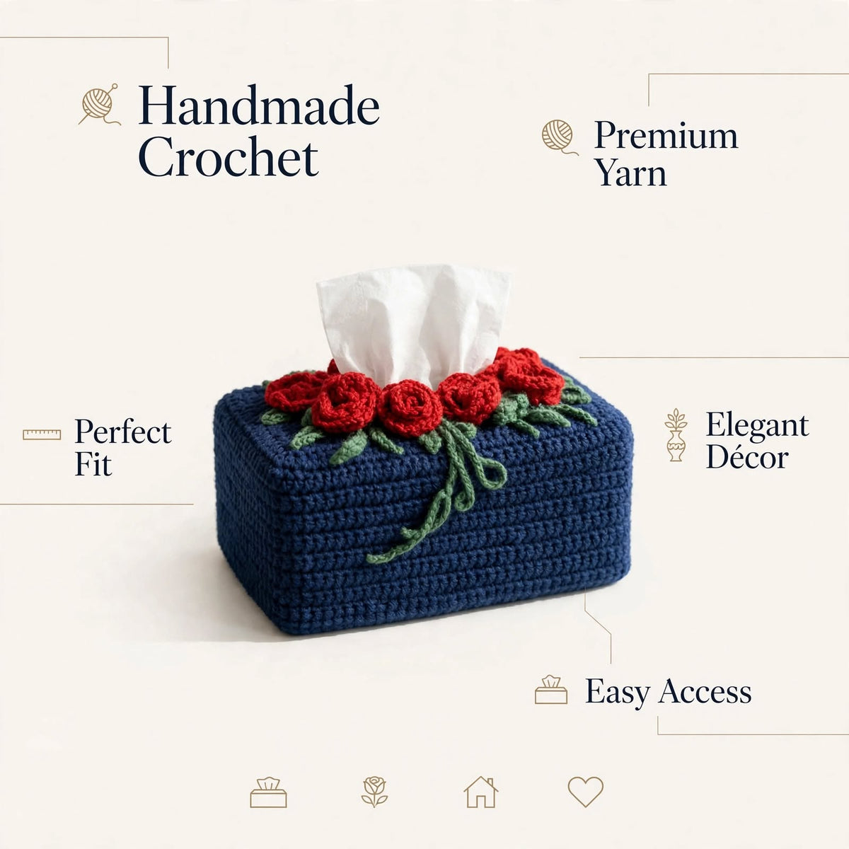 Handmade Crochet Tissue Box Cover – Navy Blue with Maroon Roses & Green Leaves