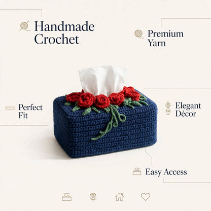Handmade Crochet Tissue Box Cover – Navy Blue with Maroon Roses & Green Leaves
