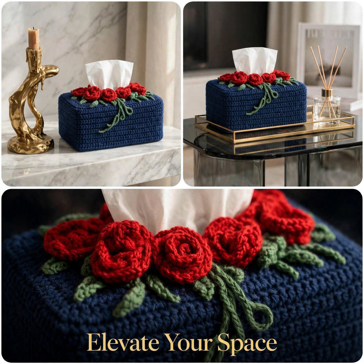 Handmade Crochet Tissue Box Cover – Navy Blue with Maroon Roses & Green Leaves