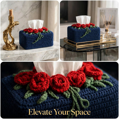 Handmade Crochet Tissue Box Cover – Navy Blue with Maroon Roses & Green Leaves
