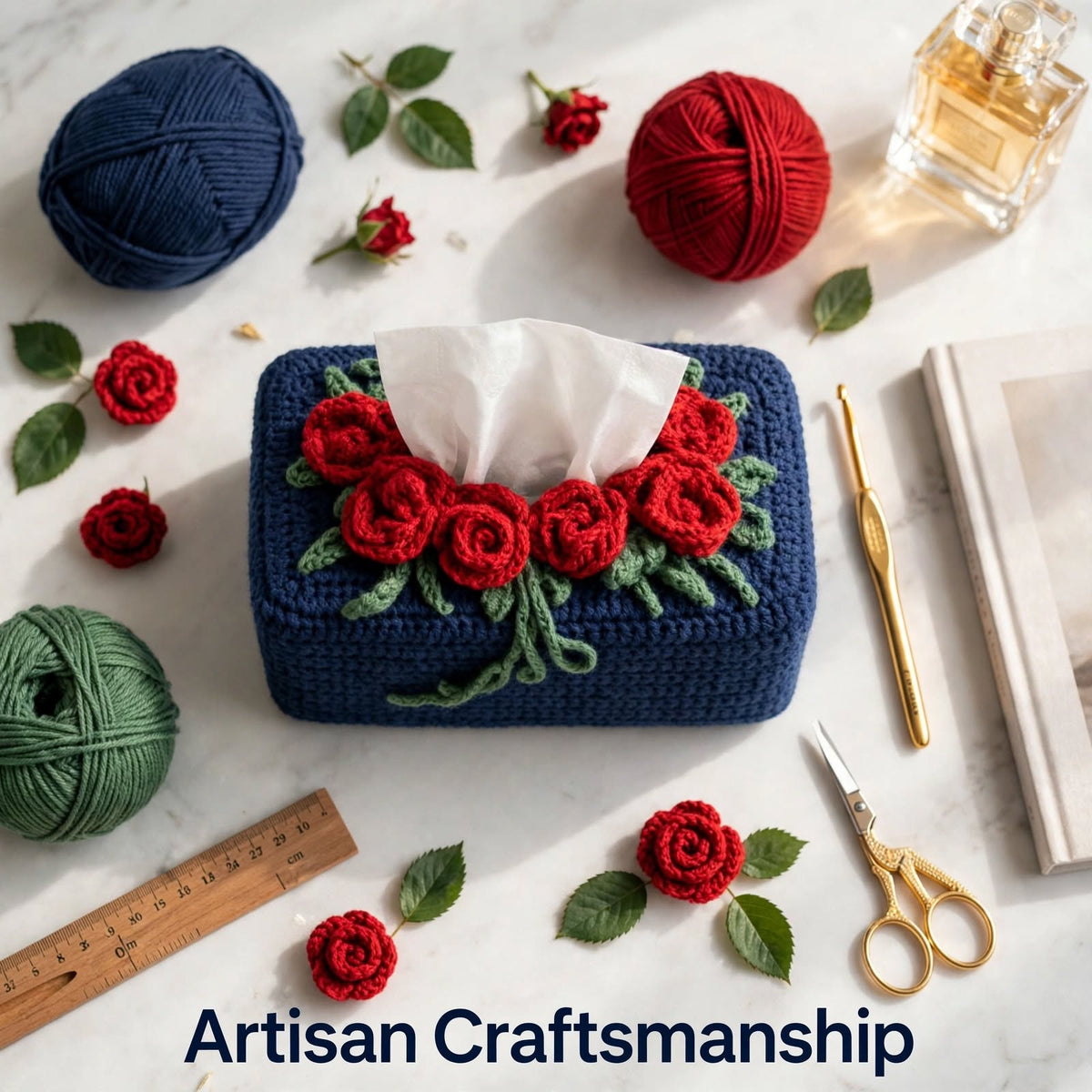 Handmade Crochet Tissue Box Cover – Navy Blue with Maroon Roses & Green Leaves