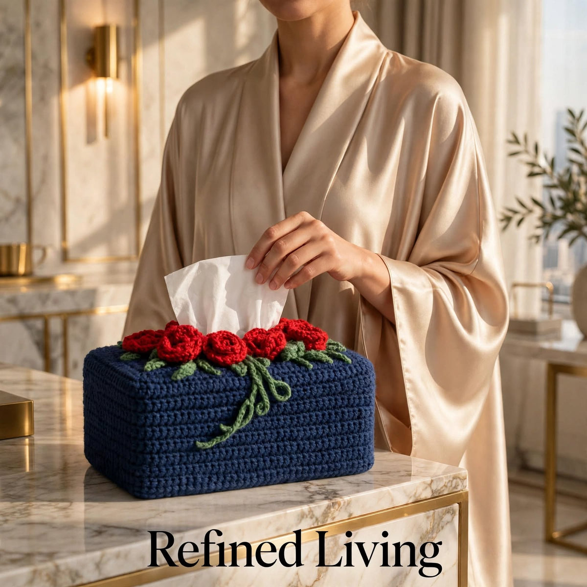 Handmade Crochet Tissue Box Cover – Navy Blue with Maroon Roses & Green Leaves