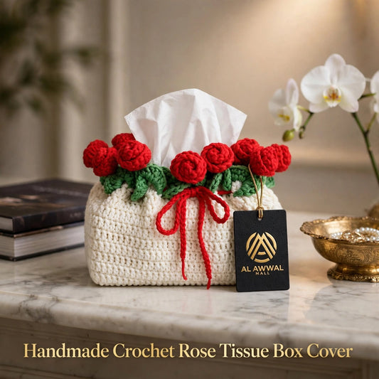 Handmade Crochet Potli-Style Tissue Box Cover – Cream with Red Roses & Green Leaves