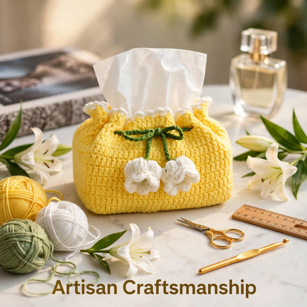 Handmade Crochet Potli-Style Tissue Box Cover – Lemon with White Floral Details