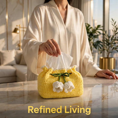 Handmade Crochet Potli-Style Tissue Box Cover – Lemon with White Floral Details