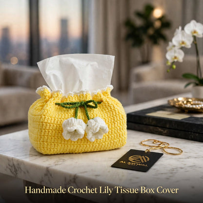 Handmade Crochet Potli-Style Tissue Box Cover – Lemon with White Floral Details