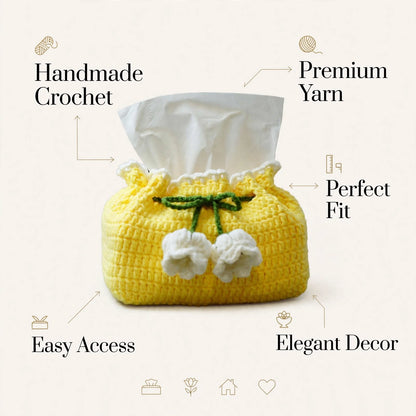 Handmade Crochet Potli-Style Tissue Box Cover – Lemon with White Floral Details