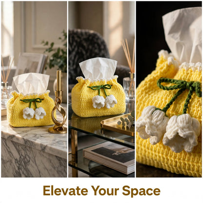 Handmade Crochet Potli-Style Tissue Box Cover – Lemon with White Floral Details