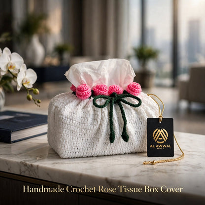Handmade Crochet Potli-Style Tissue Box Cover – Pink Rose Flowers & Butterfly Cord