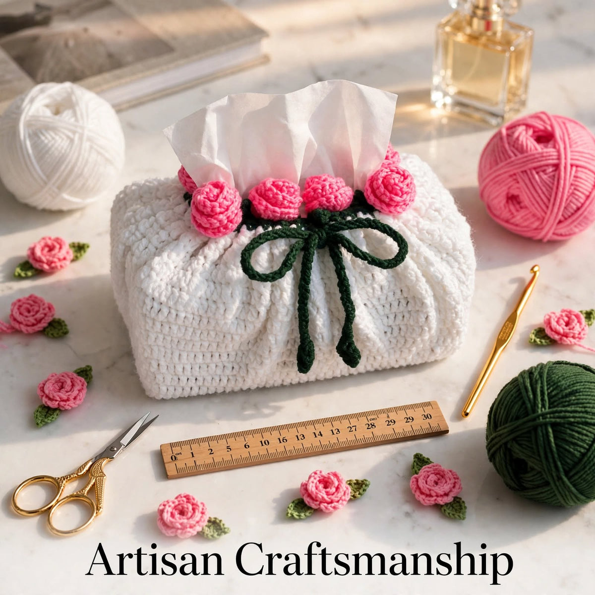 Handmade Crochet Potli-Style Tissue Box Cover – Pink Rose Flowers & Butterfly Cord