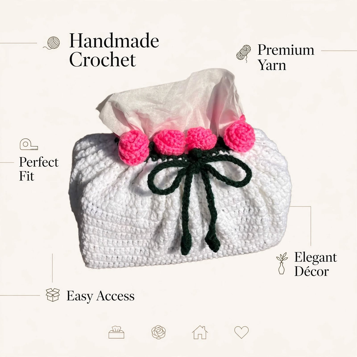 Handmade Crochet Potli-Style Tissue Box Cover – Pink Rose Flowers & Butterfly Cord