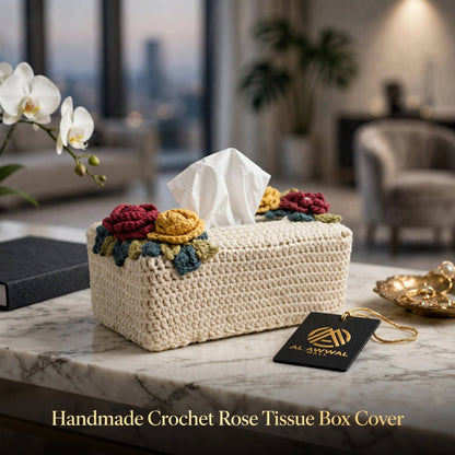 Handmade Crochet Tissue Box Cover – Cream with Maroon & Yellow Flowers